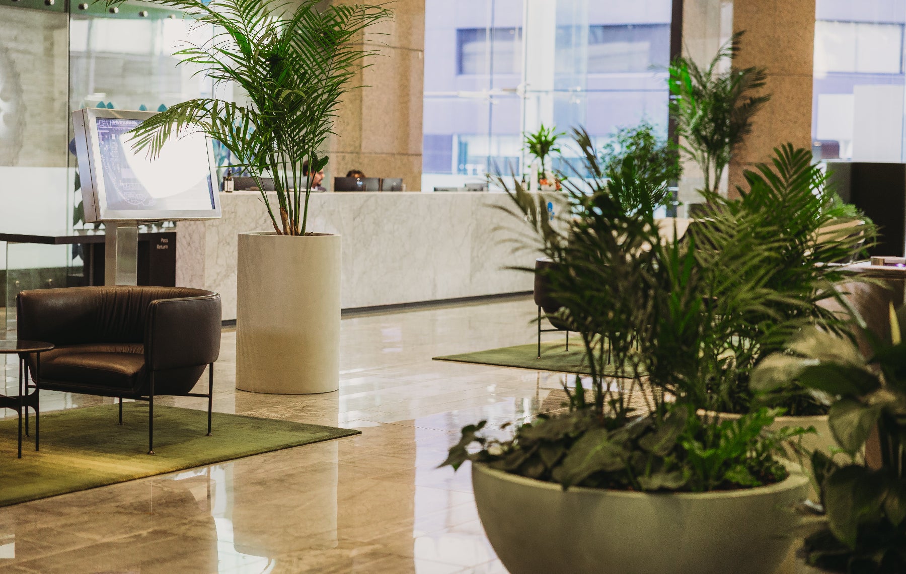 Modern office lobby with plants and a reception desk.