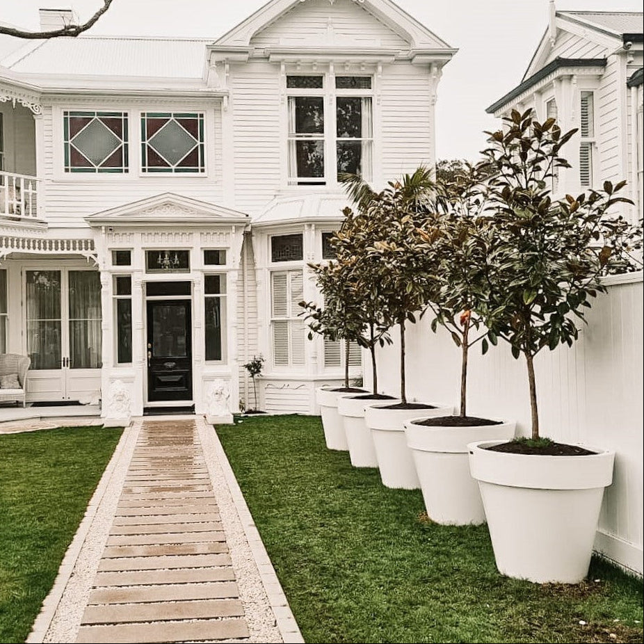 White house with a well-maintained garden and potted plants.