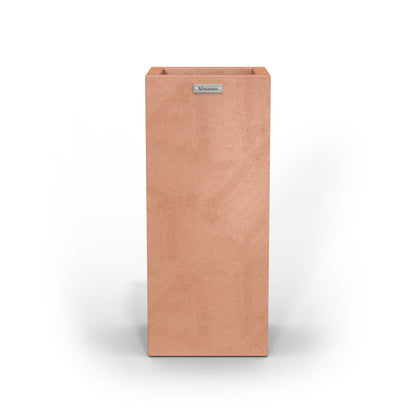 A cube shaped Modscene planter pot in a rustic terracotta colour.