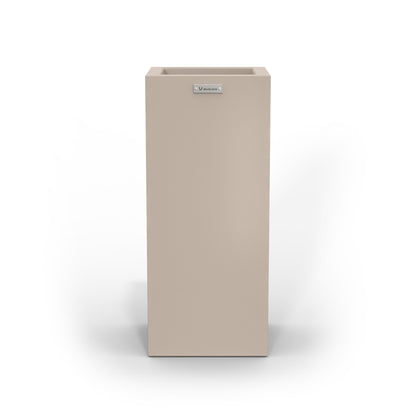 A tall cube planter pot in a sandstone colour made by Modscene.
