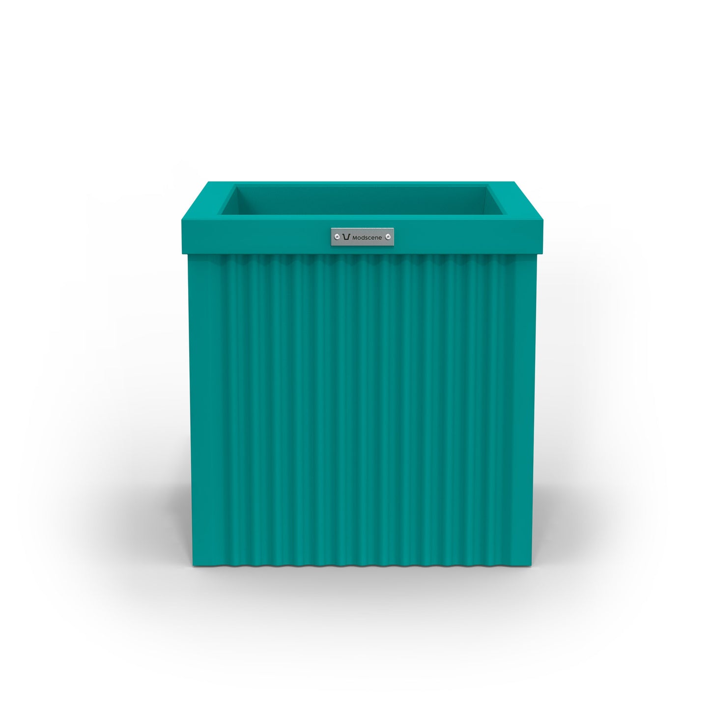 A small cube shaped planter pot in a teal blue colour made by Modscene.